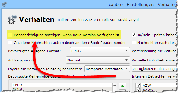 calibre-updatebenachrichtigung-abschalten