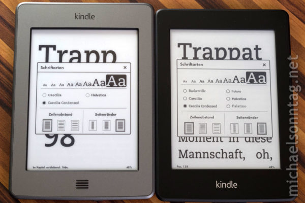 Kindle Paperwhite vs. Kindle Touch - Schriftgrößenvergleich (maximal)