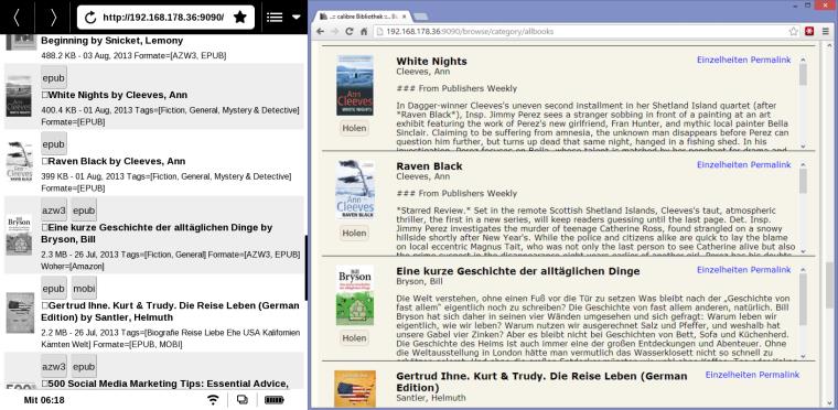 links: Browser des PocketBook Touchs - rechts: Browser auf dem PC