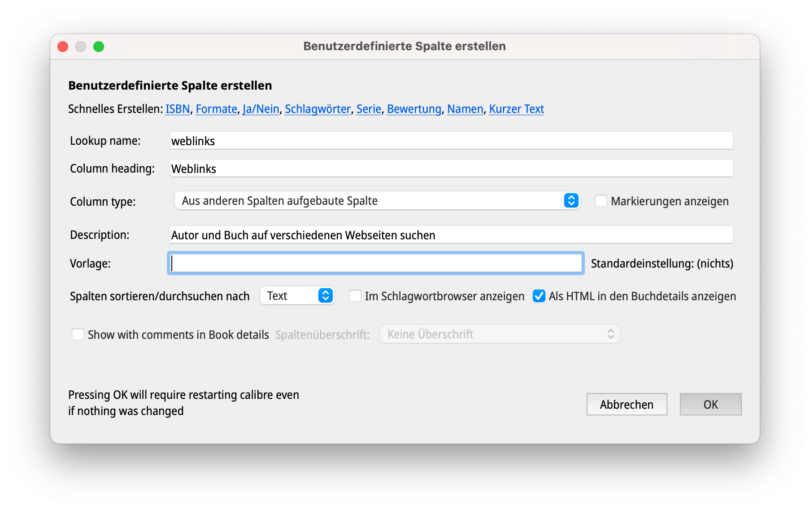 Benutzerdefinierte Spalte "weblinks" anlesen