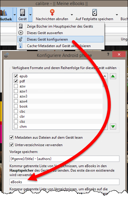 Übertragungseinstellungen für PocketBook Touch Lux 2 in Calibre
