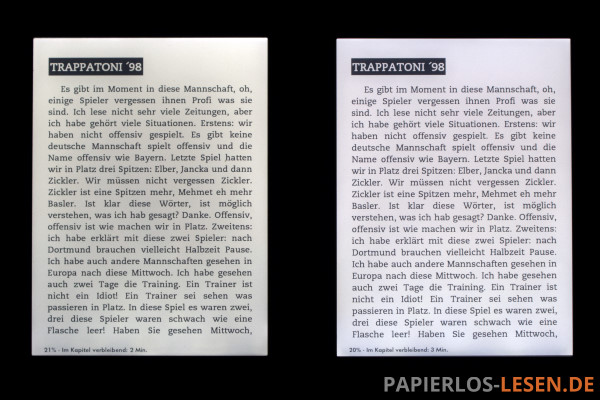 Vergleich der Beleuchtung: Paperwhite 2014 (links) und Paperwhite 2015 (rechts) bei max. Helligkeit