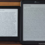 Vergleich unbeleuchtet und vorinstallierte Schrift (links: Kindle Paperwhite - rechts Icarus Ilumina XL)