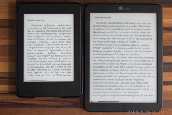 Vergleich unbeleuchtet und Bookerly (links: Kindle Paperwhite - rechts Icarus Ilumina XL)