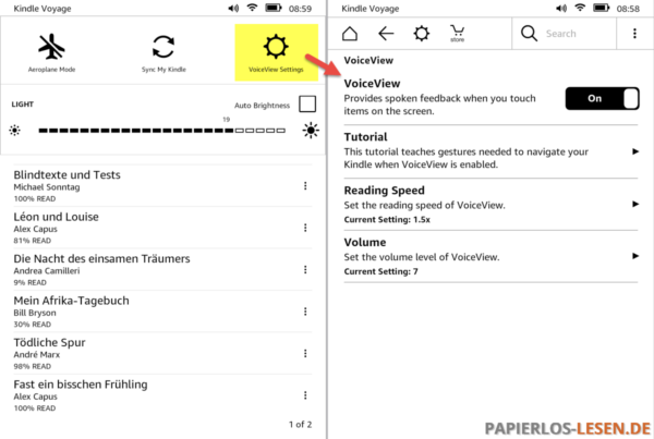 VoiceView-Settings bei angestecktem Audioadapter auf einem Kindle Voyage