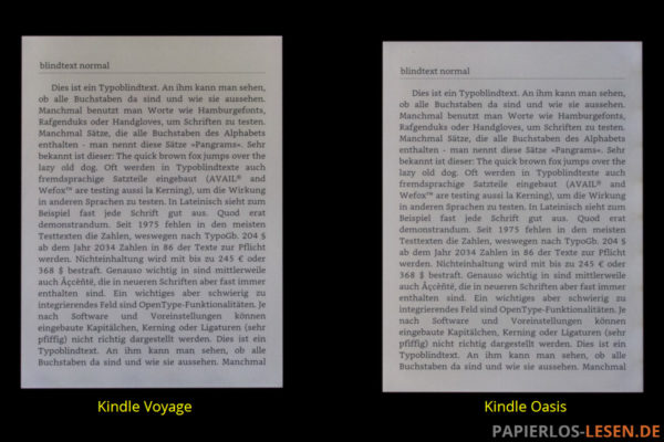 Beleuchtete Bildschirme (mittlerw Helligkeit) Kindle Voyage (links) und Kindle Oasis (rechts)