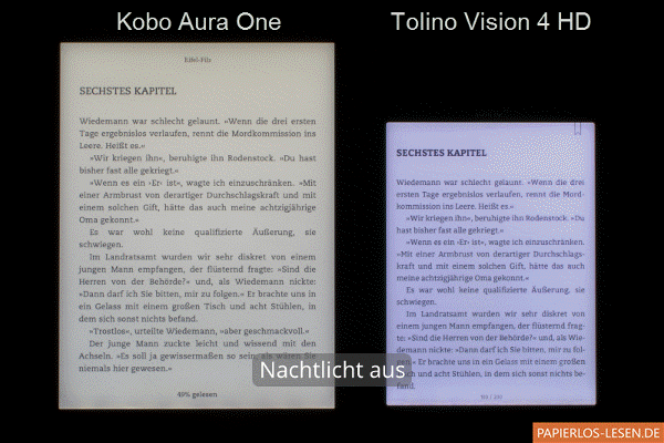 Nachtlichtvergleich: Kobo Aura One (links) und Tolino Vision 4 HD (rechts)