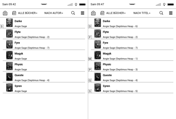 Anzeige der eBooks in der Bibliothek vor (links) und nach (rechts) dem Update der Buchstrukturen