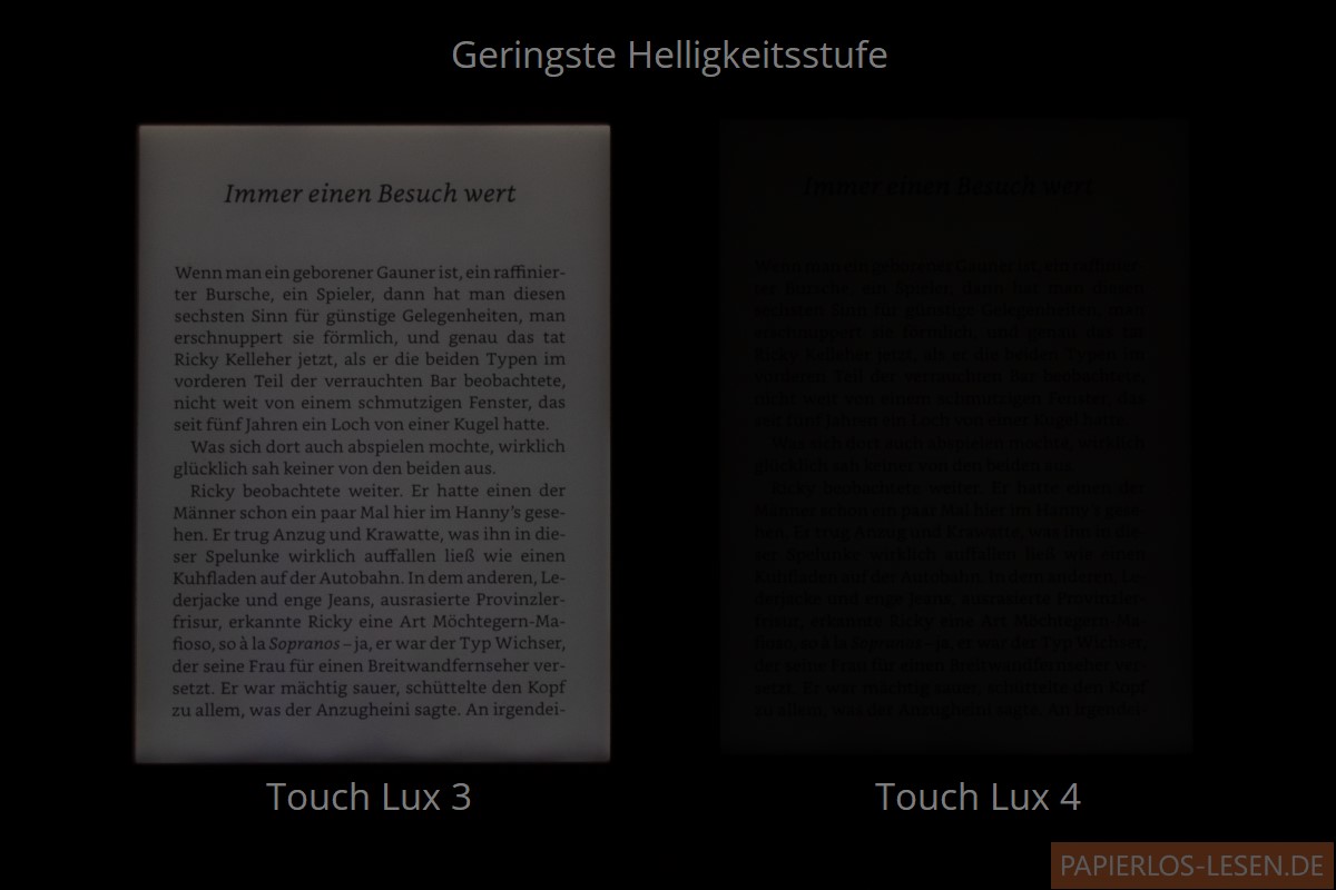 Geringste Helligkeitsstufe: Touch Lux 3 (links) und Touch Lux 4 (rechts)