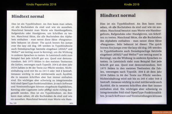 Vergleich der Ausleuchtung: Kindle Paperwhite (li) und Kindle (re)
