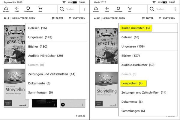 Screenshot neue Filtermöglichkeiten beim Kindle