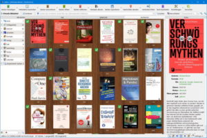 Hauptfenster von Calibre 4 mit Schlagwort-Browser, Coveransicht und Buchdetails
