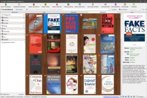 Hauptfenster von Calibre 5 mit Schlagwort-Browser, Coveransicht und Buchdetails