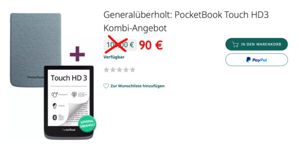 Generalüberholter PocketBook Touch HD 3 mit Hülle und "papierlos"-Gutschein für 90 €