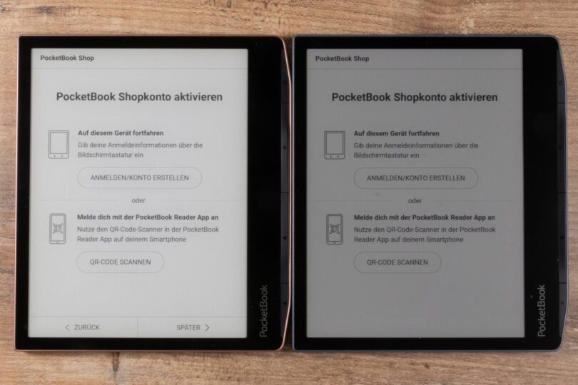 PocketBook-Cloudverknüpfung beim Einrichten: links mit Skip-Buttons (PocketBook Era), rechts ohne die Möglichkeit (PocketBook Era Color) - beide mit Firmware 6.8