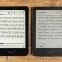 Vergleich der Buchmenüs bei EPUB-Büchern (links: Tolino Shine 4 mit alter Firmware; rechts Tolino Shine Color mit neuer Firmware)
