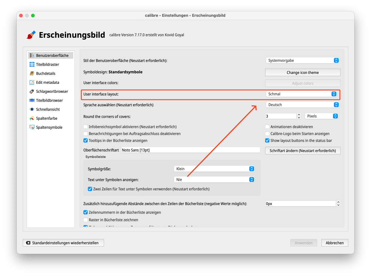 Calibre: Einstellungen für schmales Layout der Oberfläche